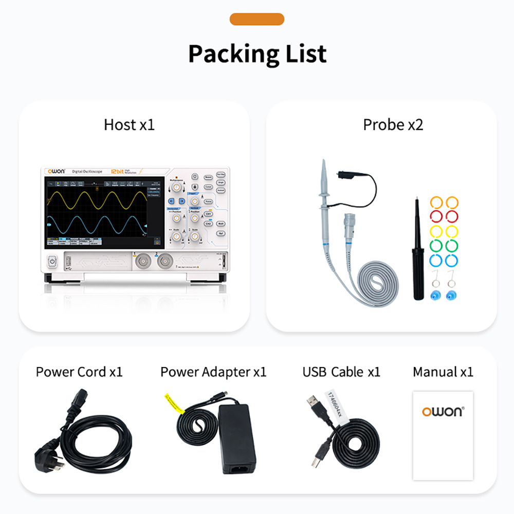 OWON ADS822A Digital Oscilloscope, 7-inch Touch Screen, 12Bit High Precision, Dual Channel, 200MHz Bandwidth, 1.25 GSa/s Sample Rate, 700,000 wfms/s Waveform, 50M Record, 500&micro;V Resolution - AU Plug