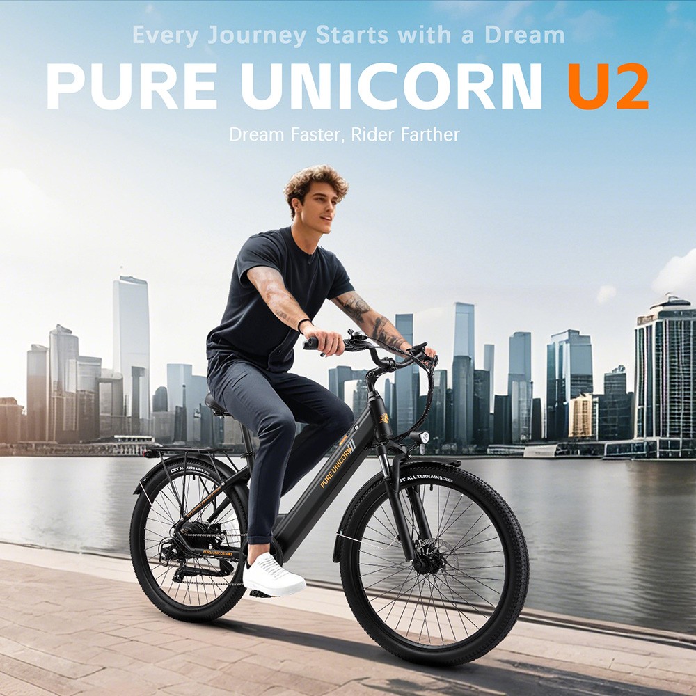 PURE UNICORN U2 Vélo électrique, moteur 750 W, batterie 48 V 12,8 Ah, pneus 27,5 pouces, vitesse maximale 45 km/h, autonomie 60 km, freins à disque mécaniques, suspension avant, Shimano 7 vitesses - Noir