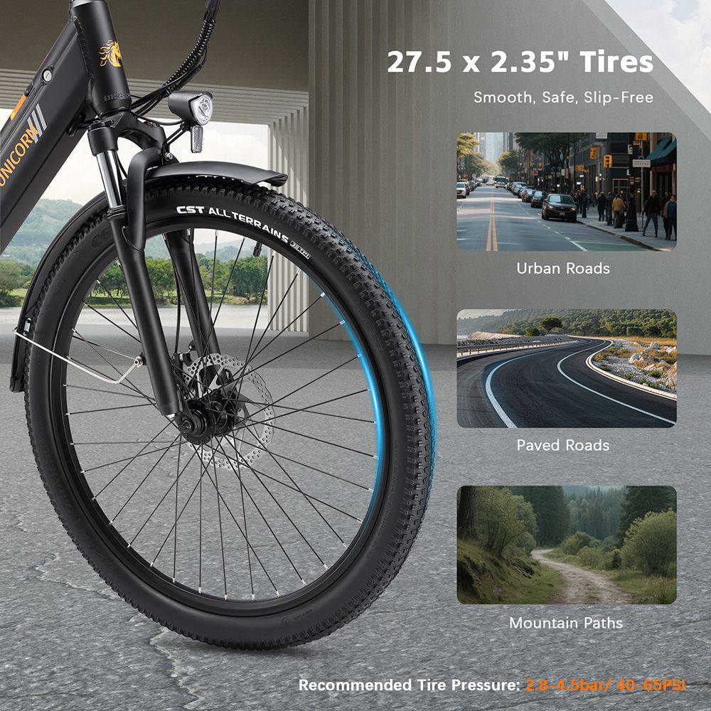 PURE UNICORN U2 Vélo électrique, moteur 750 W, batterie 48 V 12,8 Ah, pneus 27,5 pouces, vitesse maximale 45 km/h, autonomie 60 km, freins à disque mécaniques, suspension avant, Shimano 7 vitesses - Noir
