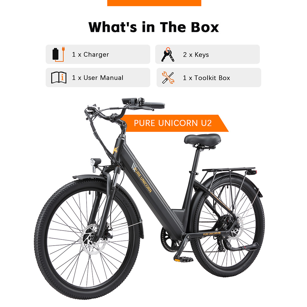 PURE UNICORN U2 Vélo électrique, moteur 750 W, batterie 48 V 12,8 Ah, pneus 27,5 pouces, vitesse maximale 45 km/h, autonomie 60 km, freins à disque mécaniques, suspension avant, Shimano 7 vitesses - Noir