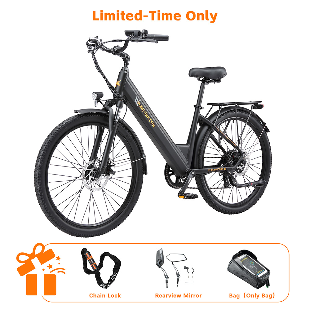 PURE UNICORN U2 Vélo électrique, moteur 750 W, batterie 48 V 12,8 Ah, pneus 27,5 pouces, vitesse maximale 45 km/h, autonomie 60 km, freins à disque mécaniques, suspension avant, Shimano 7 vitesses - Noir