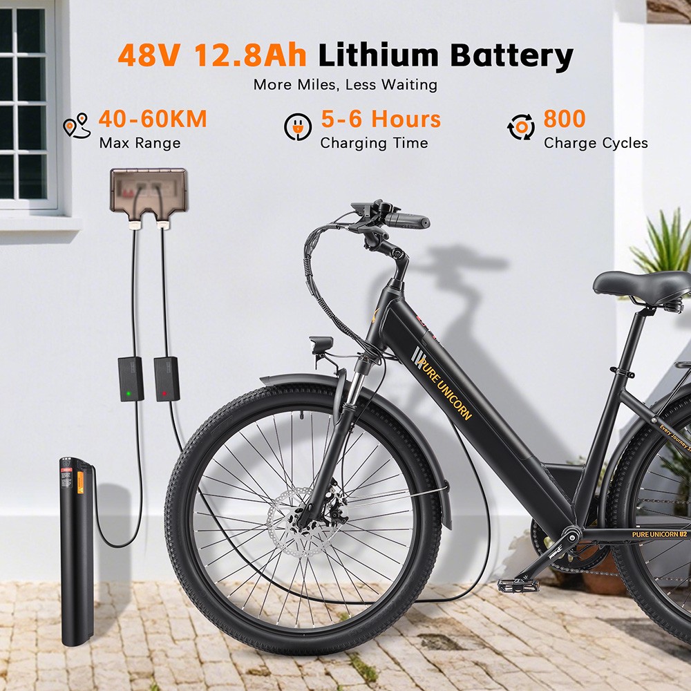 PURE UNICORN U2 Vélo électrique, moteur 750 W, batterie 48 V 12,8 Ah, pneus 27,5 pouces, vitesse maximale 45 km/h, autonomie 60 km, freins à disque mécaniques, suspension avant, Shimano 7 vitesses - Noir
