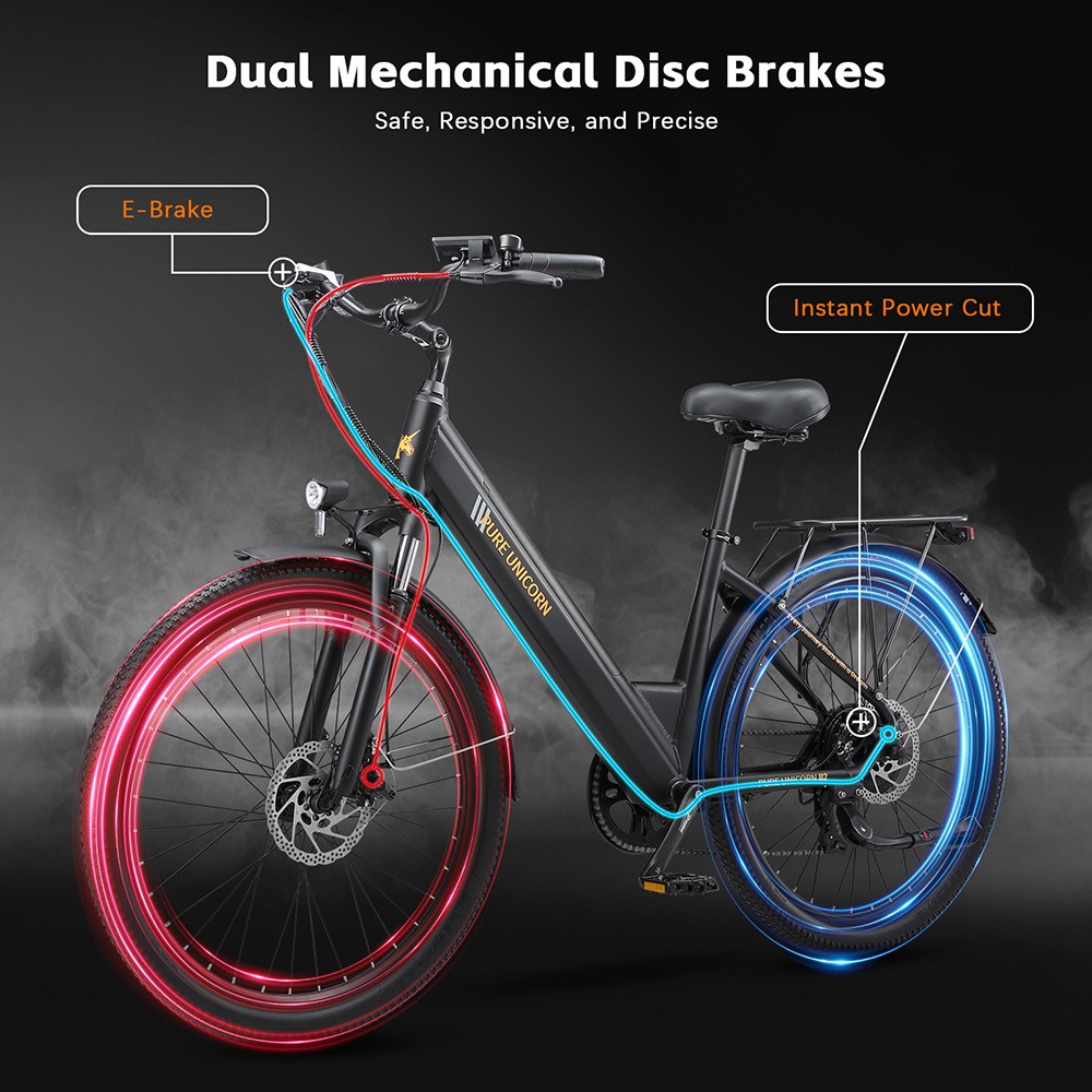 PURE UNICORN U2 Vélo électrique, moteur 750 W, batterie 48 V 12,8 Ah, pneus 27,5 pouces, vitesse maximale 45 km/h, autonomie 60 km, freins à disque mécaniques, suspension avant, Shimano 7 vitesses - Noir