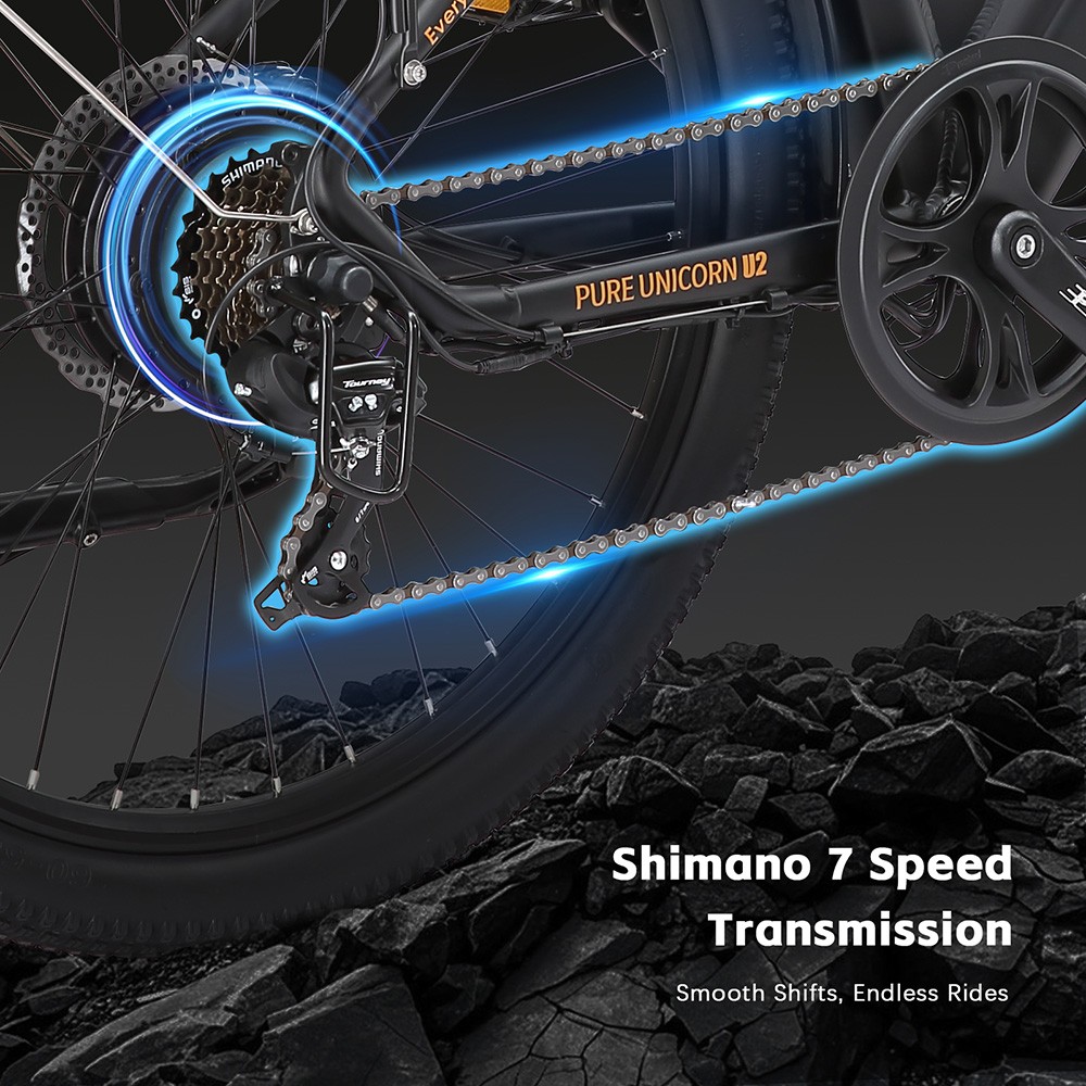 PURE UNICORN U2 Vélo électrique, moteur 750 W, batterie 48 V 12,8 Ah, pneus 27,5 pouces, vitesse maximale 45 km/h, autonomie 60 km, freins à disque mécaniques, suspension avant, Shimano 7 vitesses - Noir