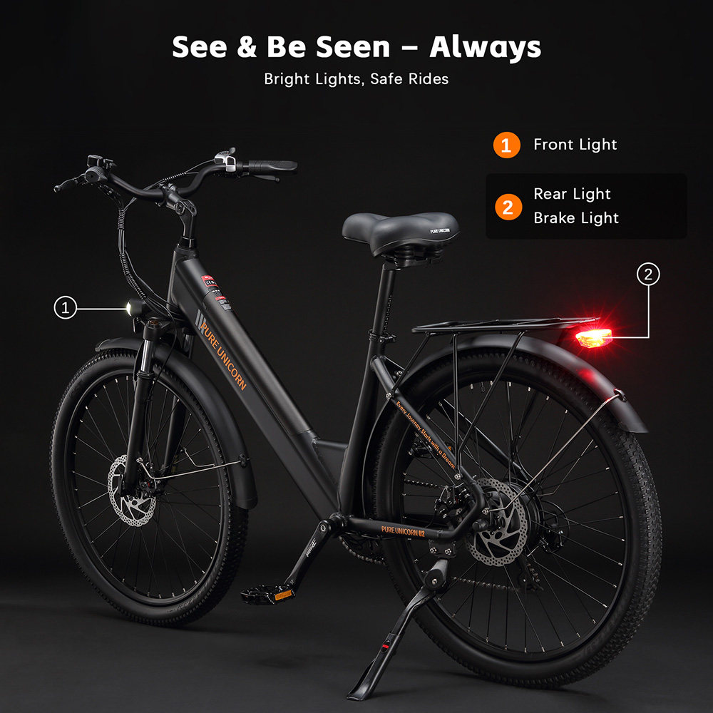 PURE UNICORN U2 Vélo électrique, moteur 750 W, batterie 48 V 12,8 Ah, pneus 27,5 pouces, vitesse maximale 45 km/h, autonomie 60 km, freins à disque mécaniques, suspension avant, Shimano 7 vitesses - Noir