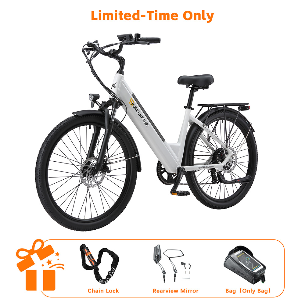Elektrobicykel PURE UNICORN U2, 750W motor, 48V 12,8Ah batéria, 27,5 palcové pneumatiky, max. rýchlosť 45 km/h, dojazd 60 km, mechanické kotúčové brzdy, predné odpruženie, Shimano 7 rýchlostí - biely