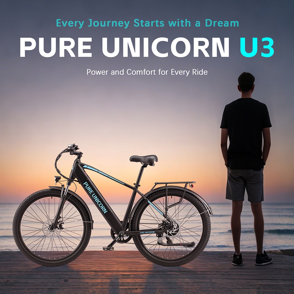 Elektrický bicykel PURE UNICORN U3, 750W motor, 48V 12.8Ah batéria, 29-palcové pneumatiky, max. rýchlosť 45 km/h, dojazd 60 km, mechanické kotúčové brzdy, predné odpruženie, 7-rýchlostný prevod Shimano