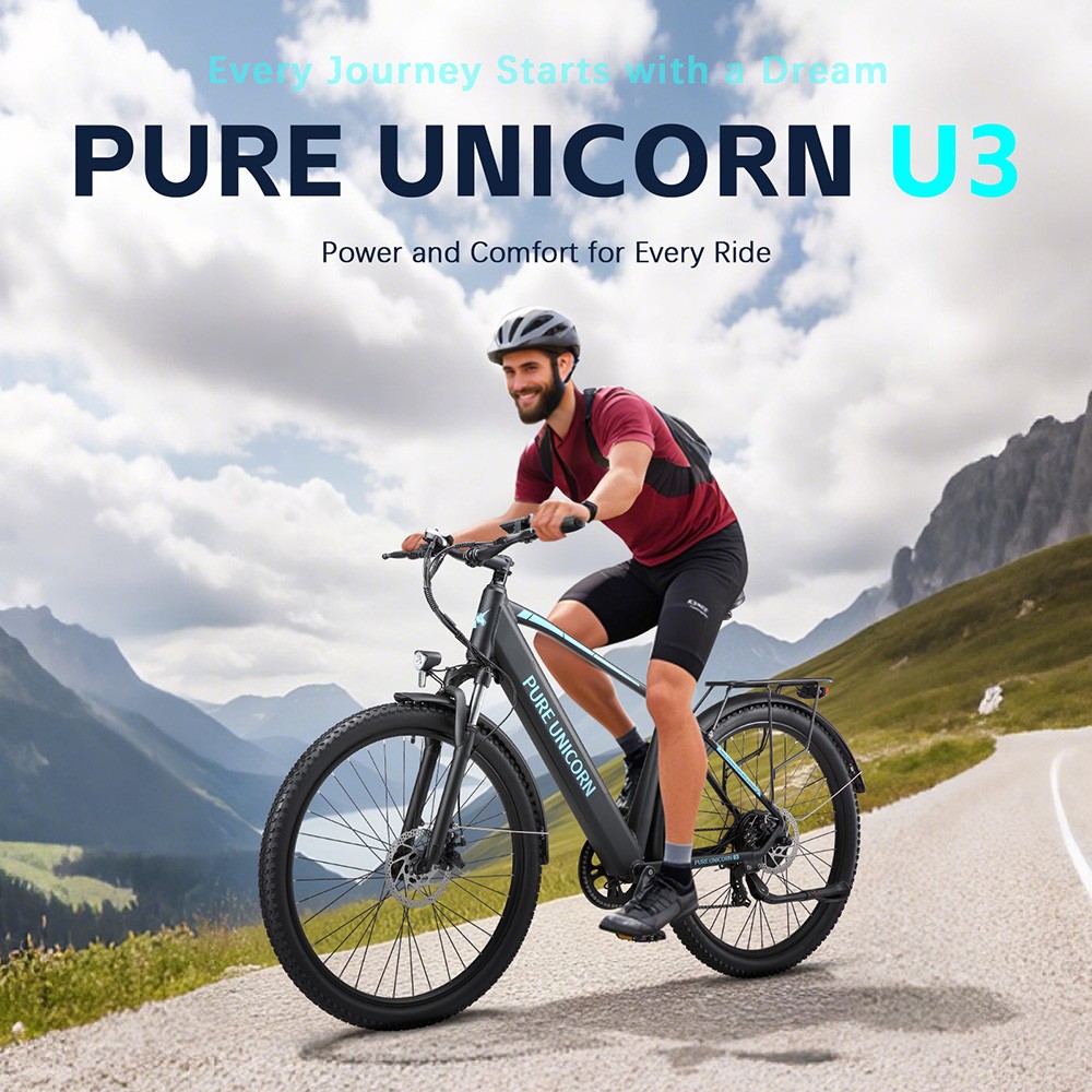 Elektrický bicykel PURE UNICORN U3, 750W motor, 48V 12.8Ah batéria, 29-palcové pneumatiky, max. rýchlosť 45 km/h, dojazd 60 km, mechanické kotúčové brzdy, predné odpruženie, 7-rýchlostný prevod Shimano