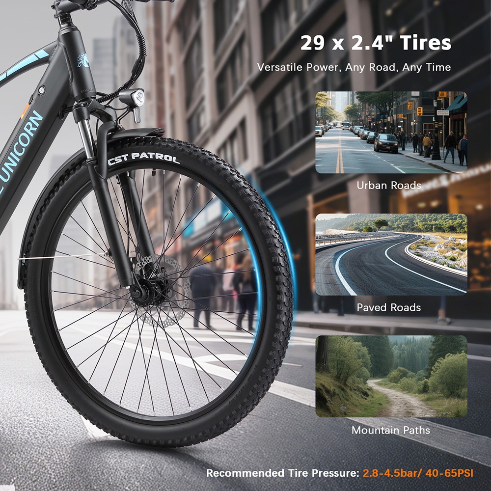 Elektrický bicykel PURE UNICORN U3, 750W motor, 48V 12.8Ah batéria, 29-palcové pneumatiky, max. rýchlosť 45 km/h, dojazd 60 km, mechanické kotúčové brzdy, predné odpruženie, 7-rýchlostný prevod Shimano