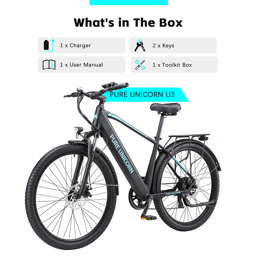 Elektrický bicykel PURE UNICORN U3, 750W motor, 48V 12.8Ah batéria, 29-palcové pneumatiky, max. rýchlosť 45 km/h, dojazd 60 km, mechanické kotúčové brzdy, predné odpruženie, 7-rýchlostný prevod Shimano