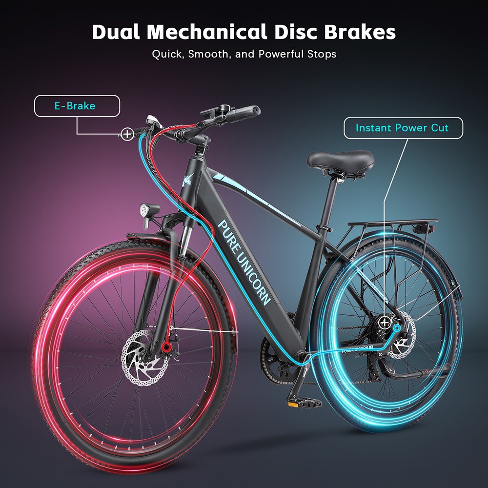 Elektrický bicykel PURE UNICORN U3, 750W motor, 48V 12.8Ah batéria, 29-palcové pneumatiky, max. rýchlosť 45 km/h, dojazd 60 km, mechanické kotúčové brzdy, predné odpruženie, 7-rýchlostný prevod Shimano