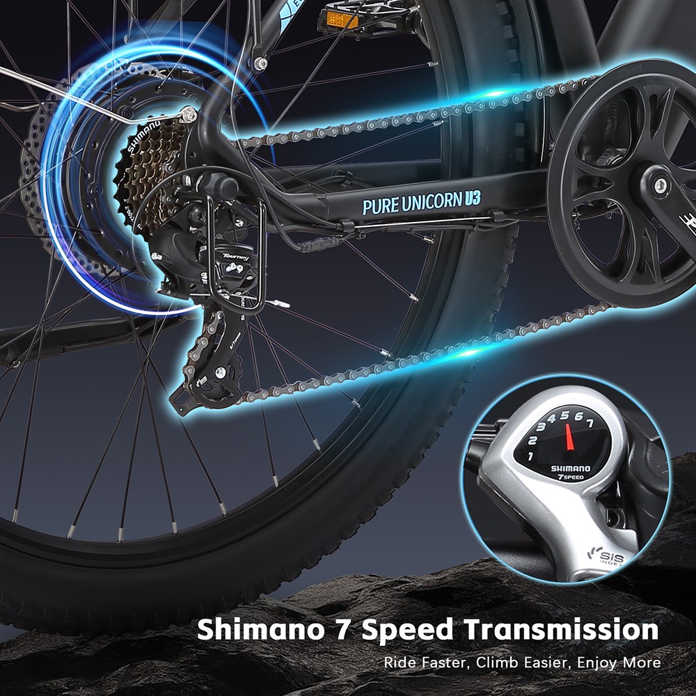 Elektrický bicykel PURE UNICORN U3, 750W motor, 48V 12.8Ah batéria, 29-palcové pneumatiky, max. rýchlosť 45 km/h, dojazd 60 km, mechanické kotúčové brzdy, predné odpruženie, 7-rýchlostný prevod Shimano