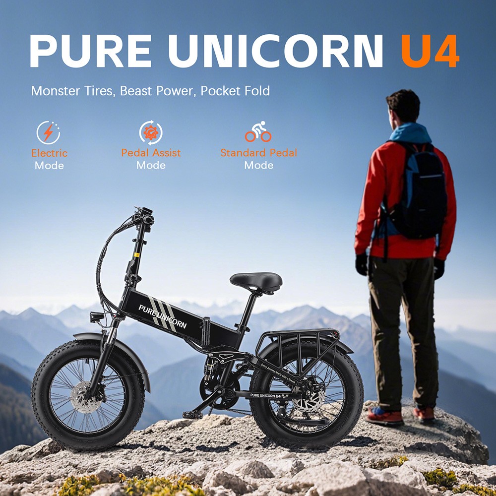 Skladací elektrický bicykel PURE UNICORN U4, 1000W motor, 48V 15Ah batéria, 20*4 palcové tučné pneumatiky, max. rýchlosť 48 km/h, dojazd 60 km, hydraulické brzdy, predné a zadné odpruženie, 7-rýchlostný prevod Shimano, LCD displej