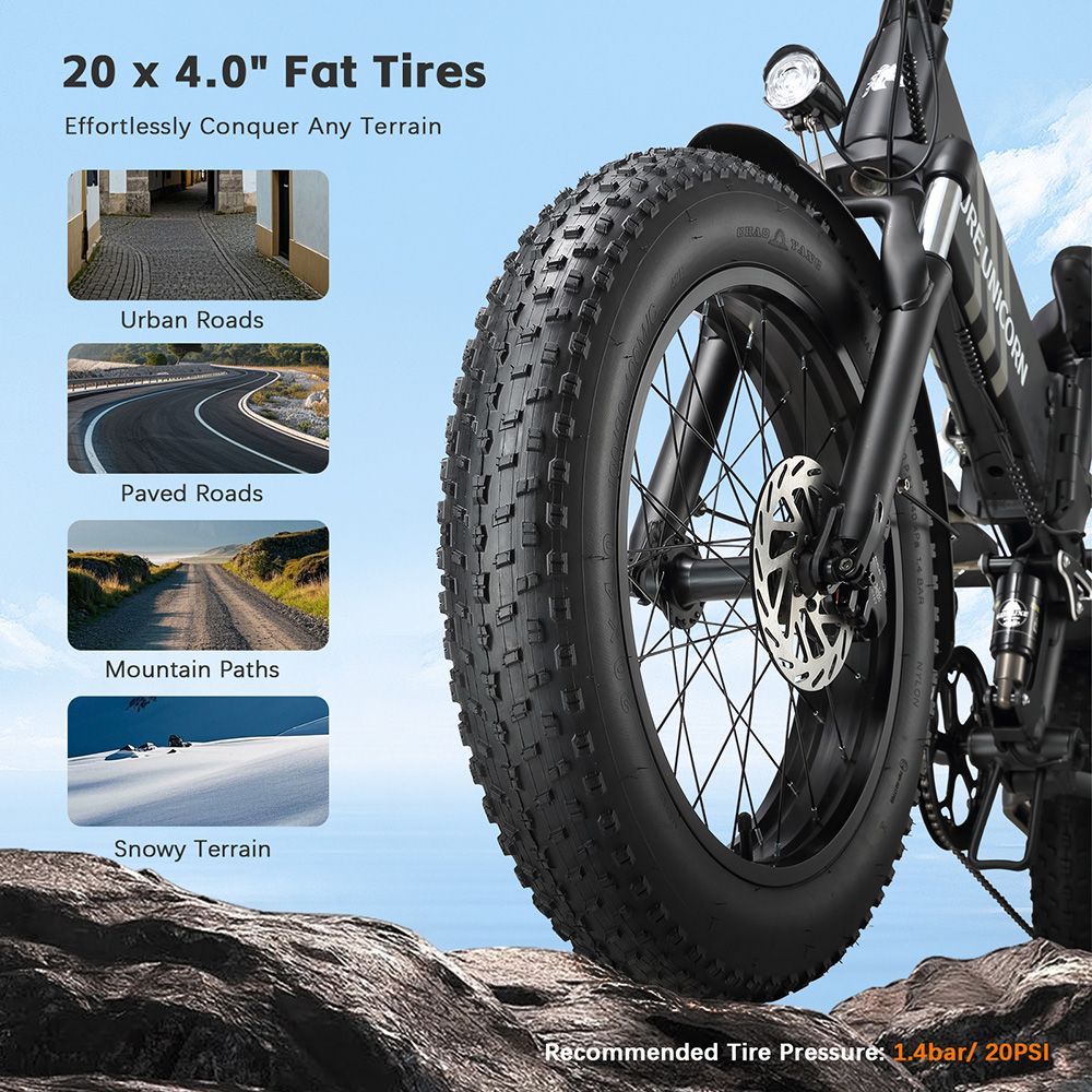 Skladací elektrický bicykel PURE UNICORN U4, 1000W motor, 48V 15Ah batéria, 20*4 palcové hrubé pneumatiky, max. rýchlosť 48 km/h, dojazd 60 km, hydraulické brzdy, predné a zadné odpruženie, Shimano 7 rýchlostí, LCD displej