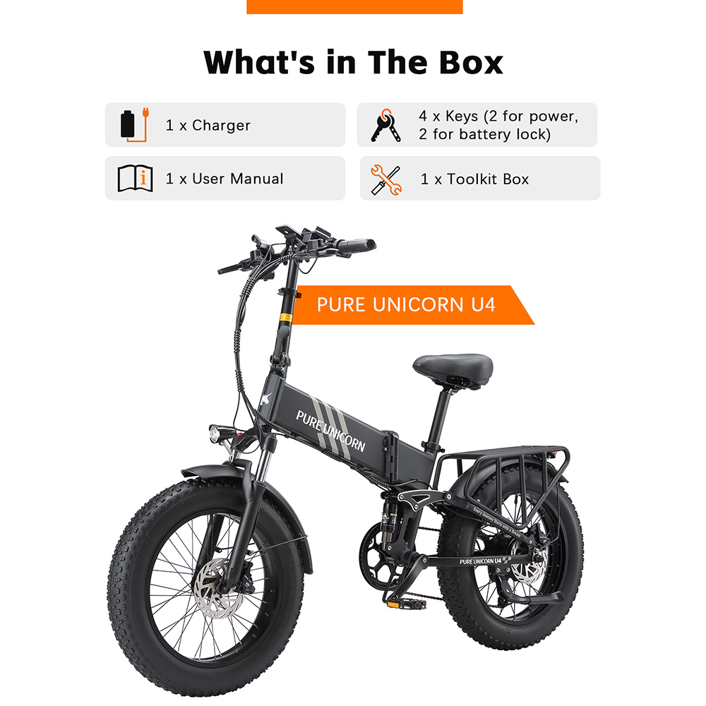 Skladací elektrický bicykel PURE UNICORN U4, 1000W motor, 48V 15Ah batéria, 20*4 palcové pneumatiky, max. rýchlosť 48 km/h, dojazd 60 km, hydraulické brzdy, predné a zadné odpruženie, 7-stupňová prevodovka Shimano, LCD displej