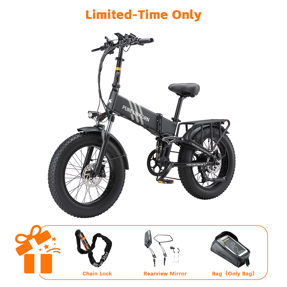 Skladací elektrický bicykel PURE UNICORN U4, 1000W motor, 48V 15Ah batéria, 20*4 palcové tučné pneumatiky, max. rýchlosť 48 km/h, dojazd 60 km, hydraulické brzdy, predné a zadné odpruženie, 7-rýchlostný systém Shimano, LCD displej