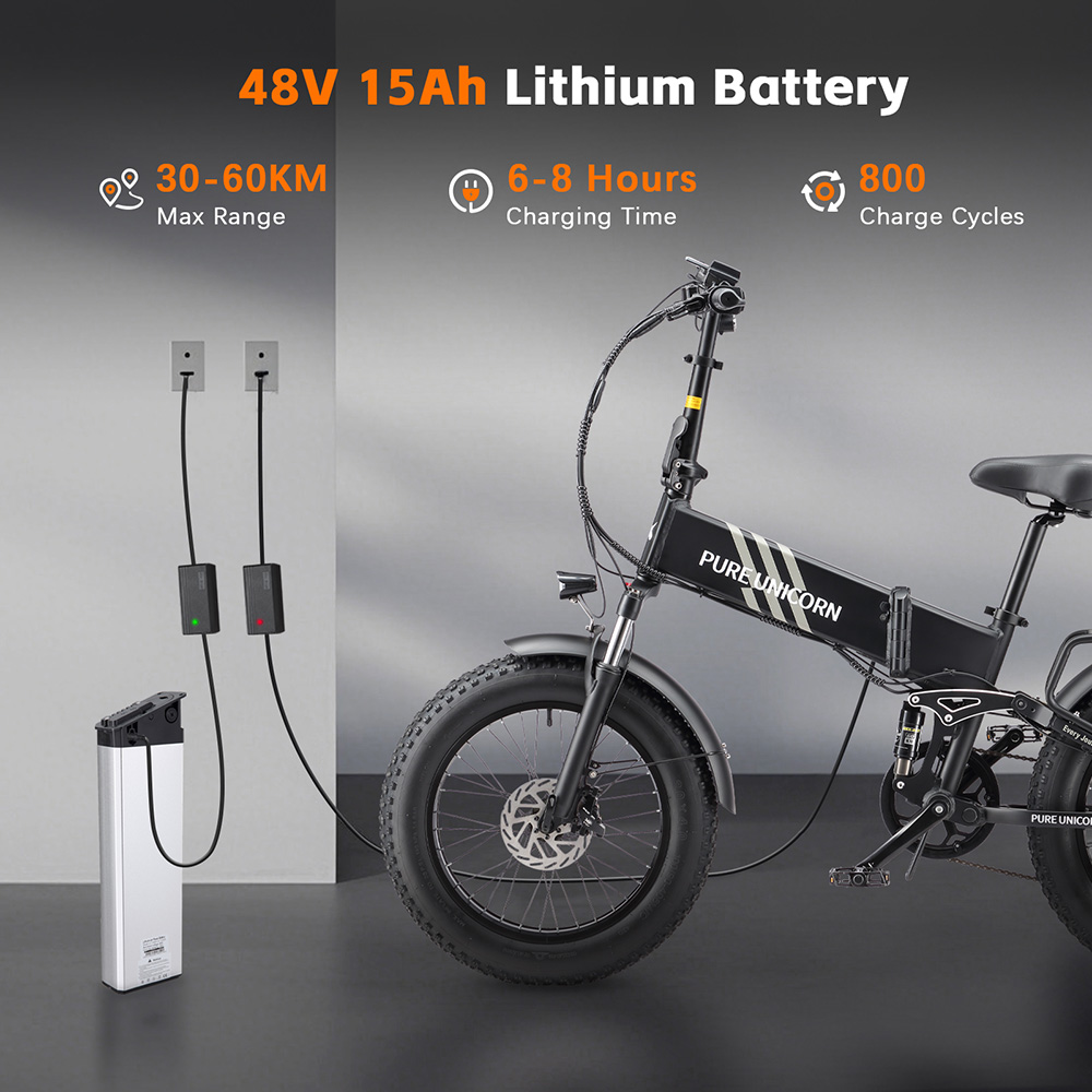 Skladací elektrický bicykel PURE UNICORN U4, 1000W motor, 48V 15Ah batéria, 20*4 palcové hrubé pneumatiky, max. rýchlosť 48 km/h, dojazd 60 km, hydraulické brzdy, predné a zadné odpruženie, Shimano 7 rýchlostí, LCD displej