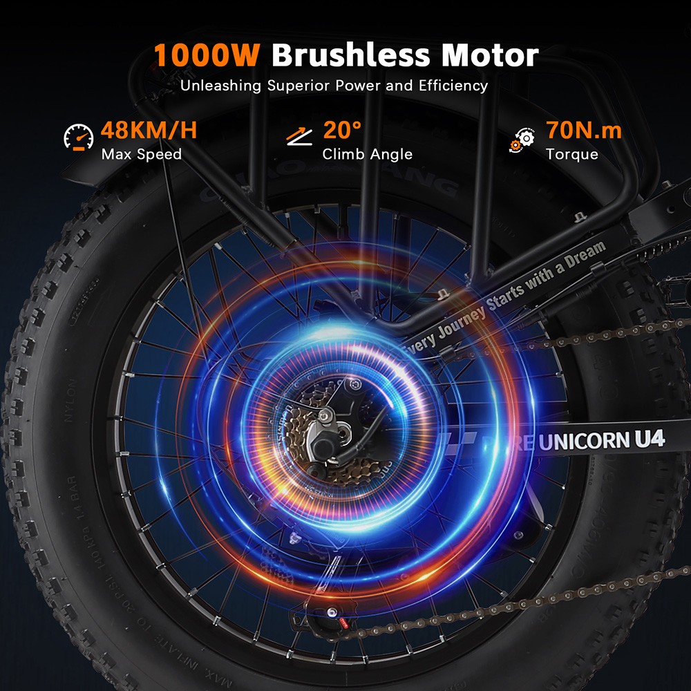 Skladací elektrický bicykel PURE UNICORN U4, 1000W motor, 48V 15Ah batéria, 20*4 palcové hrubé pneumatiky, max. rýchlosť 48 km/h, dojazd 60 km, hydraulické brzdy, predné a zadné odpruženie, Shimano 7 rýchlostí, LCD displej