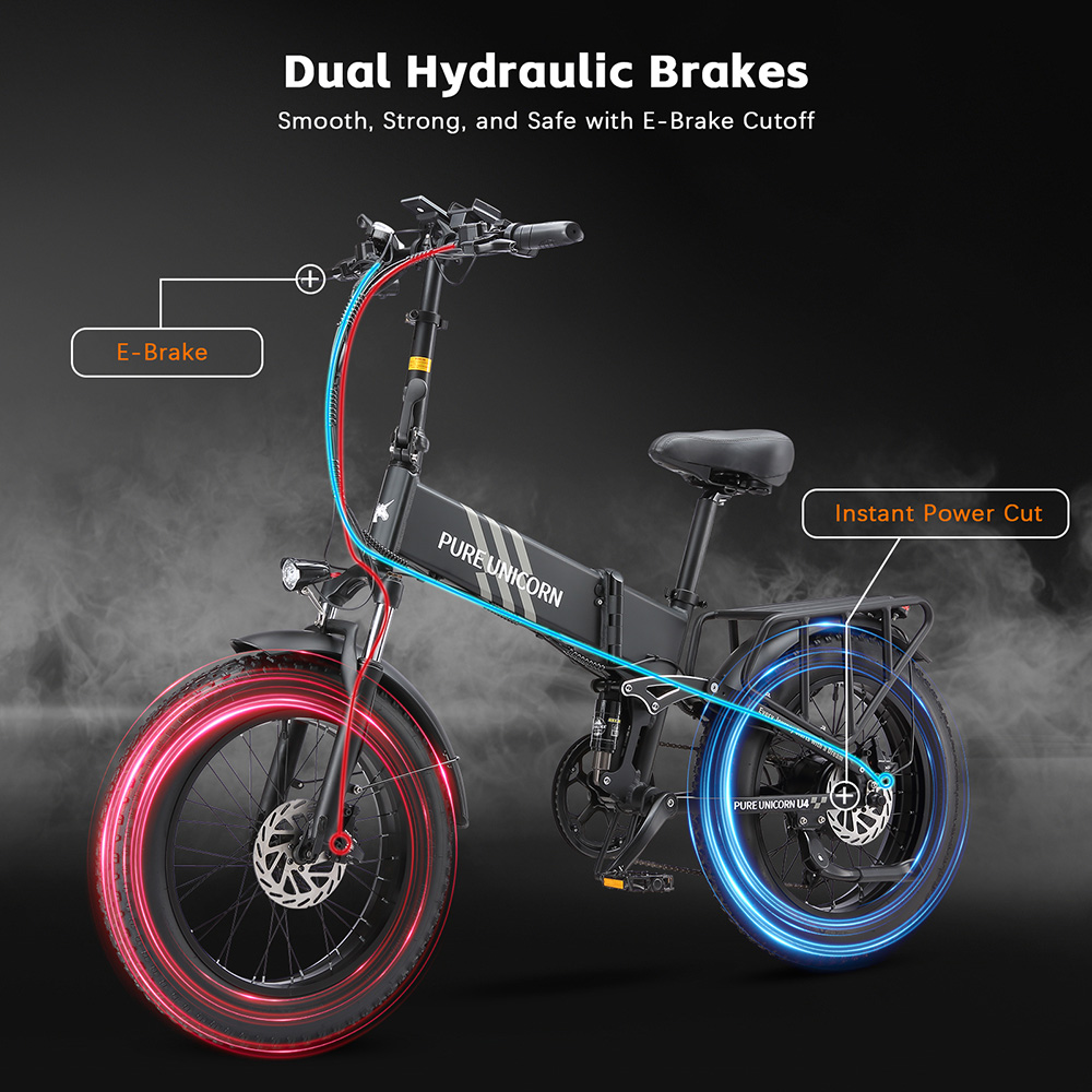 Skladací elektrický bicykel PURE UNICORN U4, 1000W motor, 48V 15Ah batéria, 20*4 palcové pneumatiky, max. rýchlosť 48 km/h, dojazd 60 km, hydraulické brzdy, predné a zadné odpruženie, 7-rýchlostný prevod Shimano, LCD displej