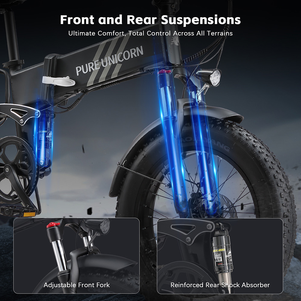 Skladací elektrický bicykel PURE UNICORN U4, 1000W motor, 48V 15Ah batéria, 20*4 palcové pneumatiky, max. rýchlosť 48 km/h, dojazd 60 km, hydraulické brzdy, predné a zadné odpruženie, Shimano 7 rýchlostí, LCD displej