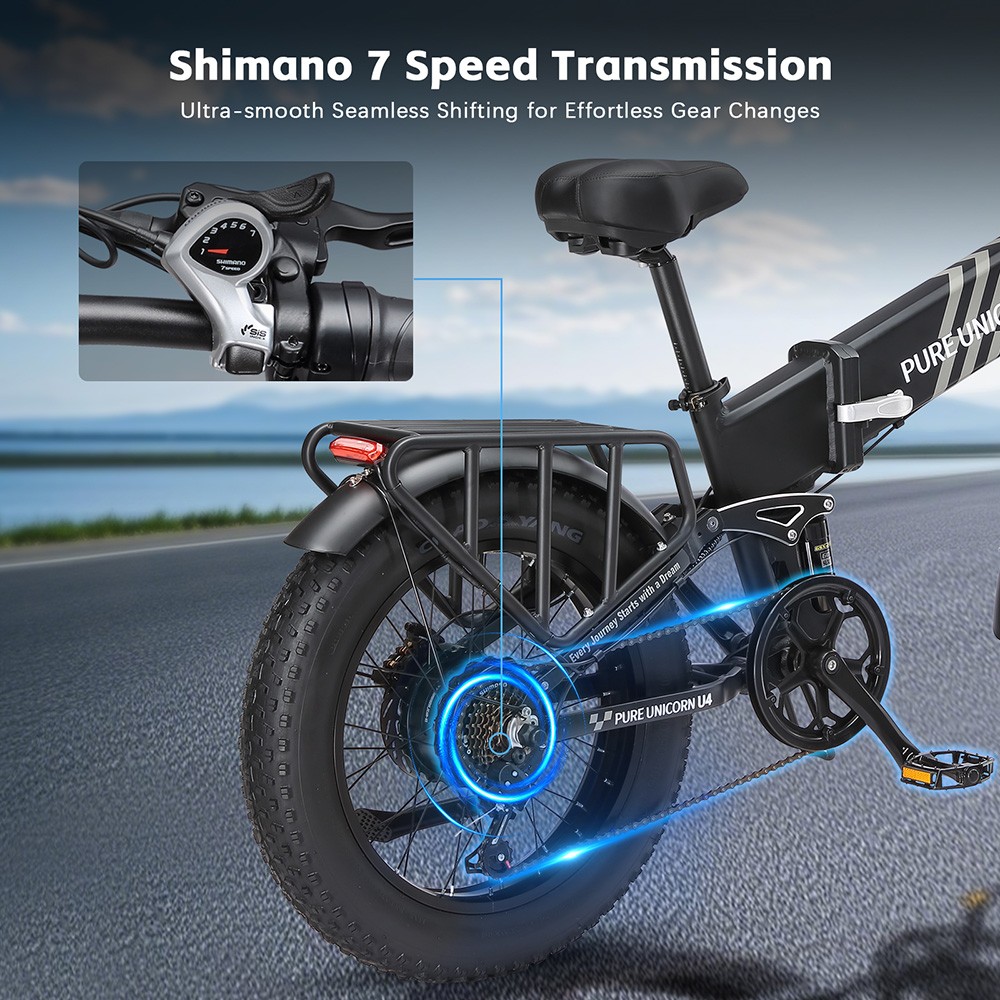 Skladací elektrický bicykel PURE UNICORN U4, 1000W motor, 48V 15Ah batéria, 20*4 palcové hrubé pneumatiky, max. rýchlosť 48 km/h, dojazd 60 km, hydraulické brzdy, predné a zadné odpruženie, Shimano 7 rýchlostí, LCD displej