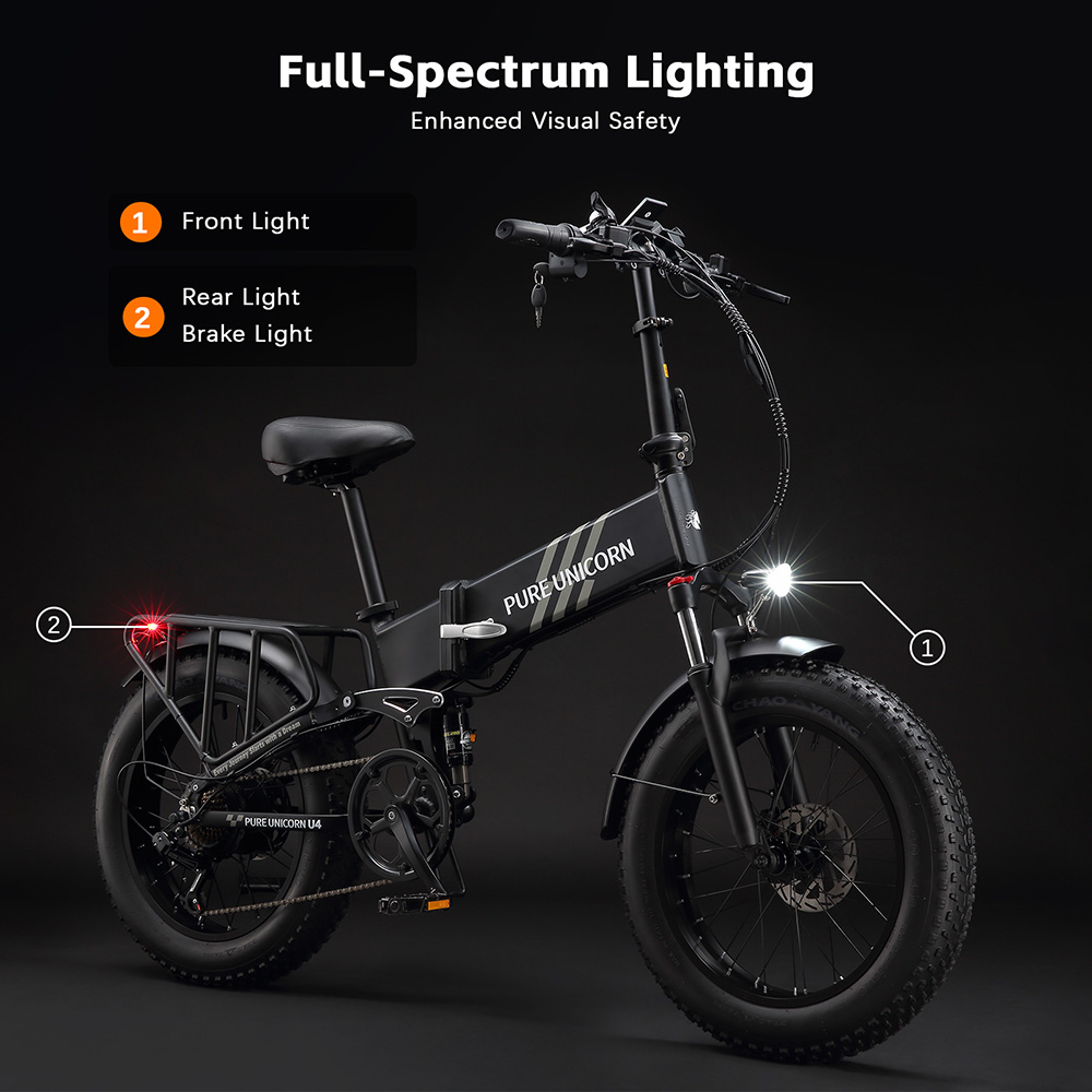 Skladací elektrický bicykel PURE UNICORN U4, 1000W motor, 48V 15Ah batéria, 20*4 palcové pneumatiky, max. rýchlosť 48 km/h, dojazd 60 km, hydraulické brzdy, predné a zadné odpruženie, Shimano 7 rýchlostí, LCD displej