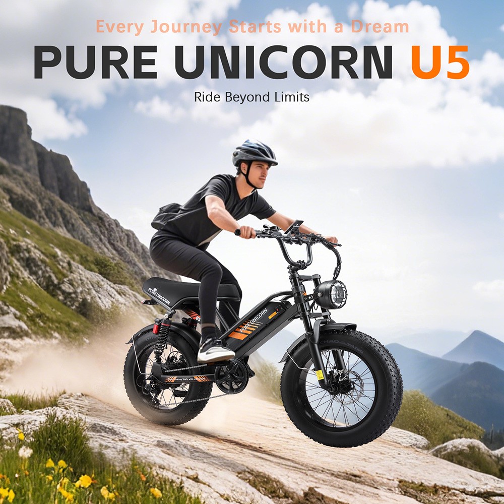 Elektrický bicykel PURE UNICORN U5, 1000W motor, 48V 19.2Ah batéria, 20*4 palcové tučné pneumatiky, max. rýchlosť 45 km/h, dojazd 80 km, hydraulické brzdy, predné a zadné odpruženie, 7-rýchlostný prevod Shimano