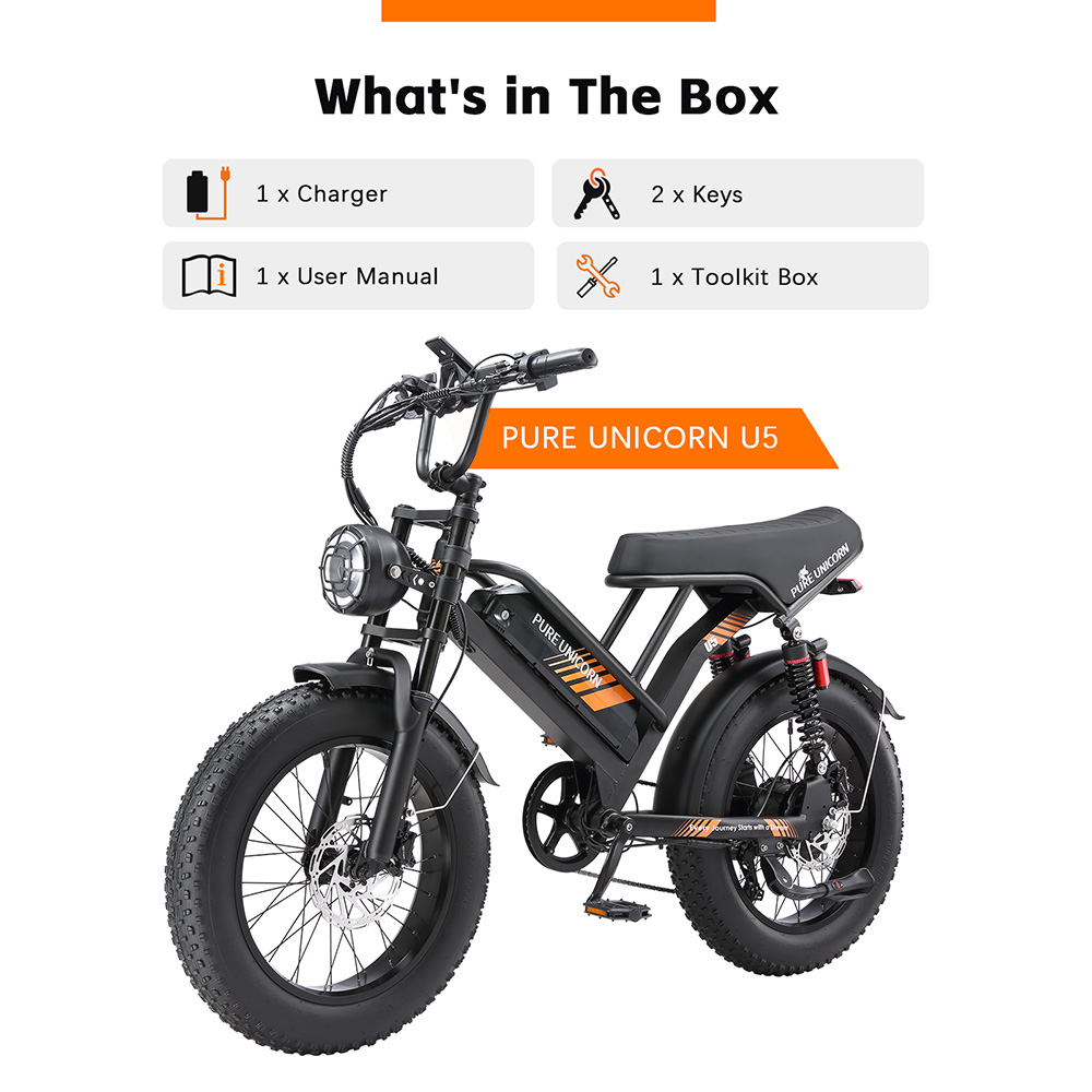 Elektrický bicykel PURE UNICORN U5, 1000W motor, 48V 19.2Ah batéria, 20*4 palcové tučné pneumatiky, max. rýchlosť 45 km/h, dojazd 80 km, hydraulické brzdy, predné a zadné odpruženie, 7-rýchlostný prevod Shimano