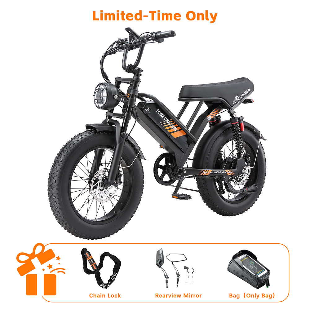 Elektrobicykel PURE UNICORN U5, 1000W motor, 48V 19,2Ah batéria, 20*4 palcové tučné pneumatiky, max. rýchlosť 45 km/h, dojazd 80 km, hydraulické brzdy, predné a zadné odpruženie, 7-stupňová prevodovka Shimano