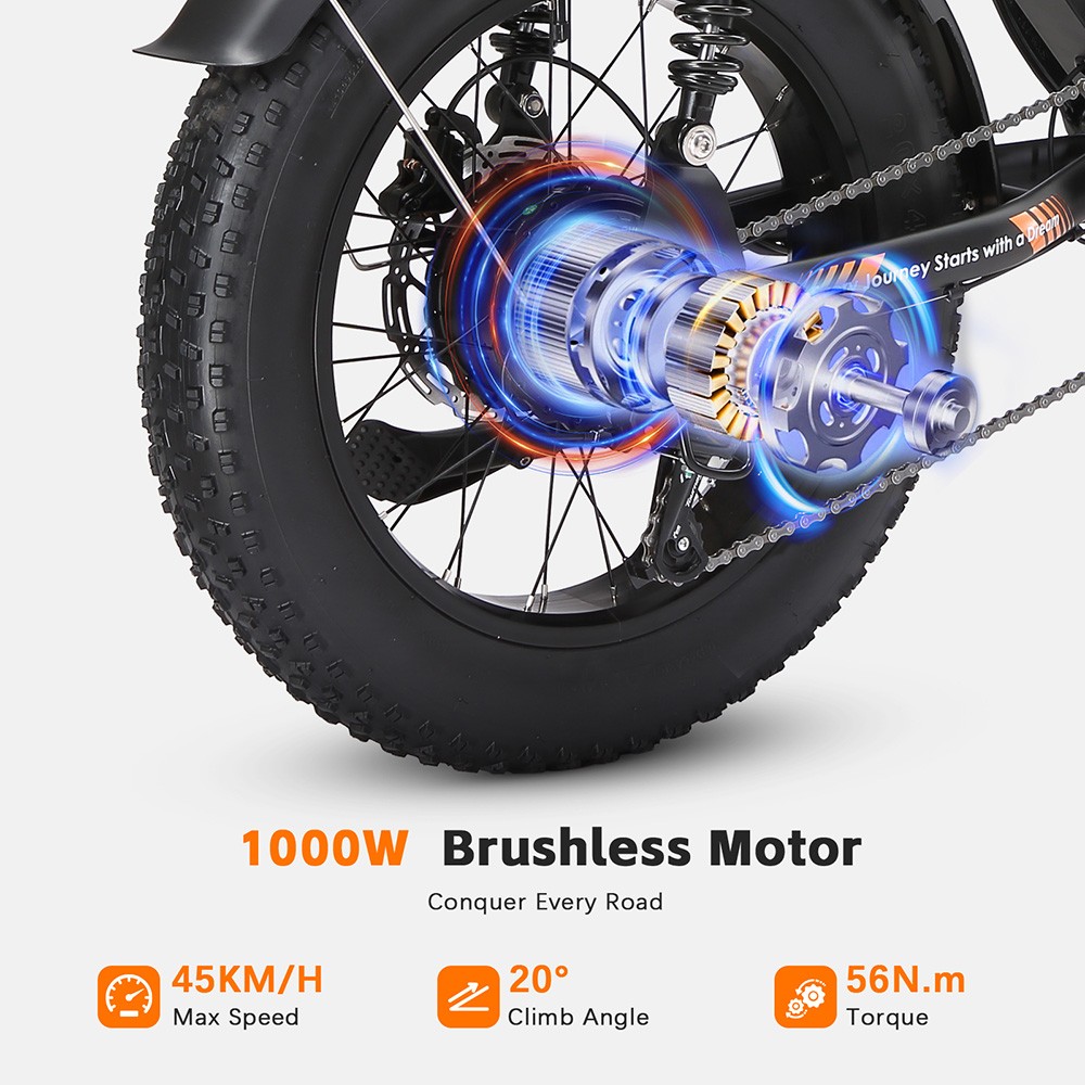 Elektrický bicykel PURE UNICORN U5, 1000W motor, 48V 19.2Ah batéria, 20*4 palcové tučné pneumatiky, max. rýchlosť 45 km/h, dojazd 80 km, hydraulické brzdy, predné a zadné odpruženie, 7-rýchlostný prevod Shimano