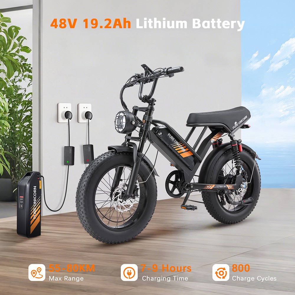 PURE UNICORN U5 Electric Bike, 1000W Motor, 48V 19.2Ah batéria, 20*4 palcové tučné pneumatiky, max. rýchlosť 45 km/h, dojazd 80 km, hydraulické brzdy, predné a zadné odpruženie, 7-rýchlostný prevod Shimano