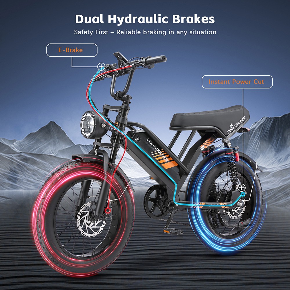 Elektrický bicykel PURE UNICORN U5, 1000W motor, 48V 19.2Ah batéria, 20*4 palcové tučné pneumatiky, max. rýchlosť 45 km/h, dojazd 80 km, hydraulické brzdy, predné a zadné odpruženie, 7-rýchlostný prevod Shimano