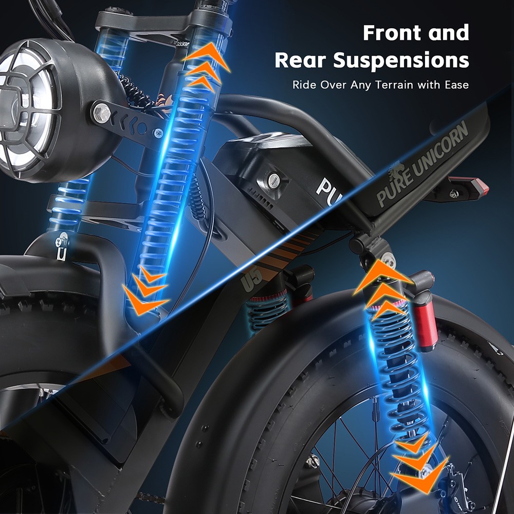 PURE UNICORN U5 Electric Bike, 1000W Motor, 48V 19.2Ah batéria, 20*4 palcové tučné pneumatiky, max. rýchlosť 45 km/h, dojazd 80 km, hydraulické brzdy, predné a zadné odpruženie, 7-rýchlostný prevod Shimano