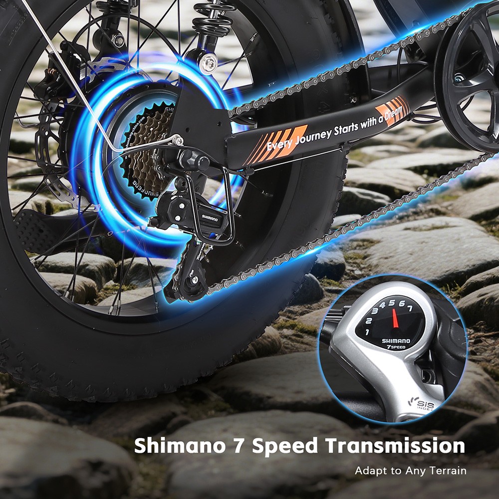 Elektrický bicykel PURE UNICORN U5, 1000W motor, 48V 19.2Ah batéria, 20*4 palcové tučné pneumatiky, max. rýchlosť 45 km/h, dojazd 80 km, hydraulické brzdy, predné a zadné odpruženie, 7-stupňová prevodovka Shimano