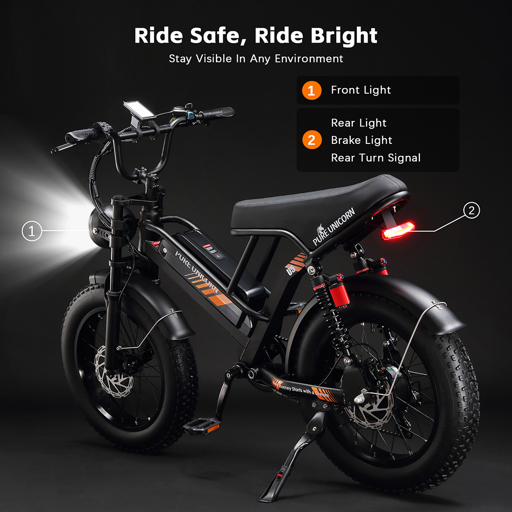 Elektrický bicykel PURE UNICORN U5, 1000W motor, 48V 19.2Ah batéria, 20*4 palcové tučné pneumatiky, max. rýchlosť 45 km/h, dojazd 80 km, hydraulické brzdy, predné a zadné odpruženie, 7-rýchlostný prevod Shimano