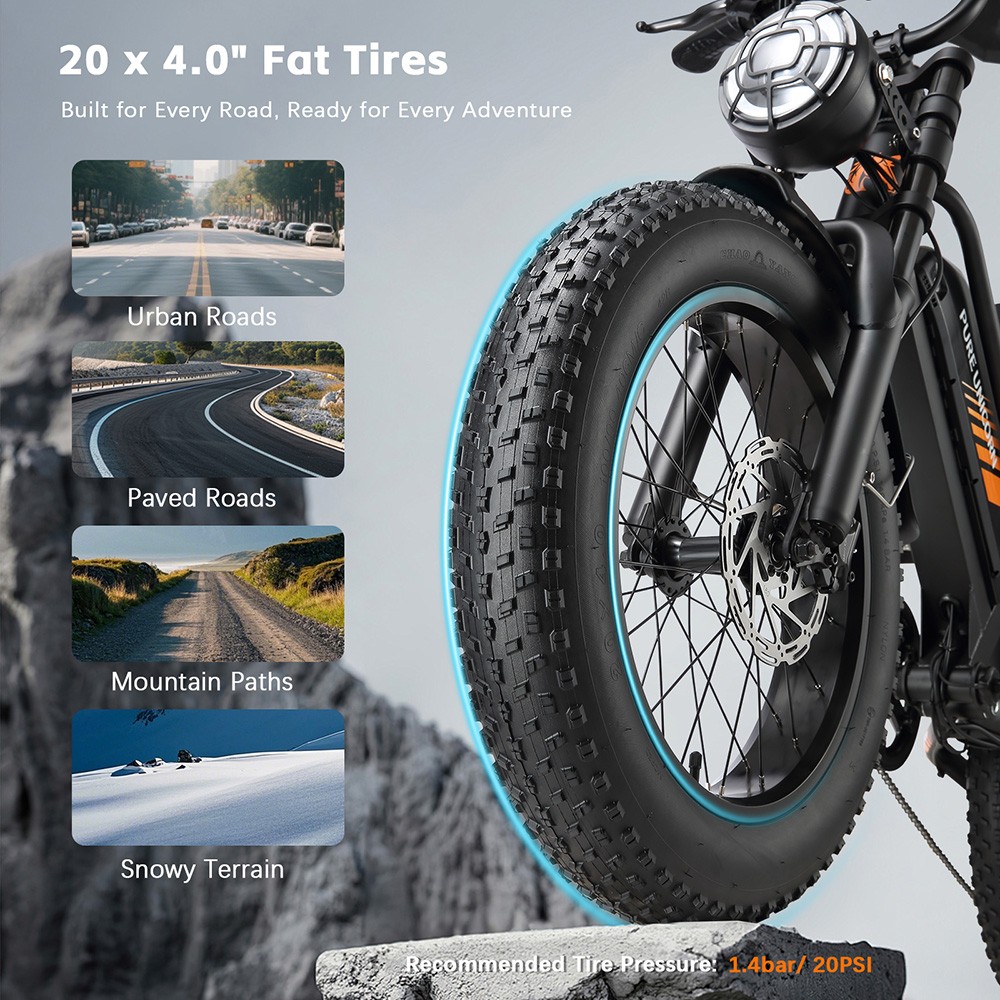 PURE UNICORN U5 Electric Bike, 1000W Motor, 48V 19.2Ah batéria, 20*4 palcové tučné pneumatiky, max. rýchlosť 45 km/h, dojazd 80 km, hydraulické brzdy, predné a zadné odpruženie, 7-stupňová prevodovka Shimano