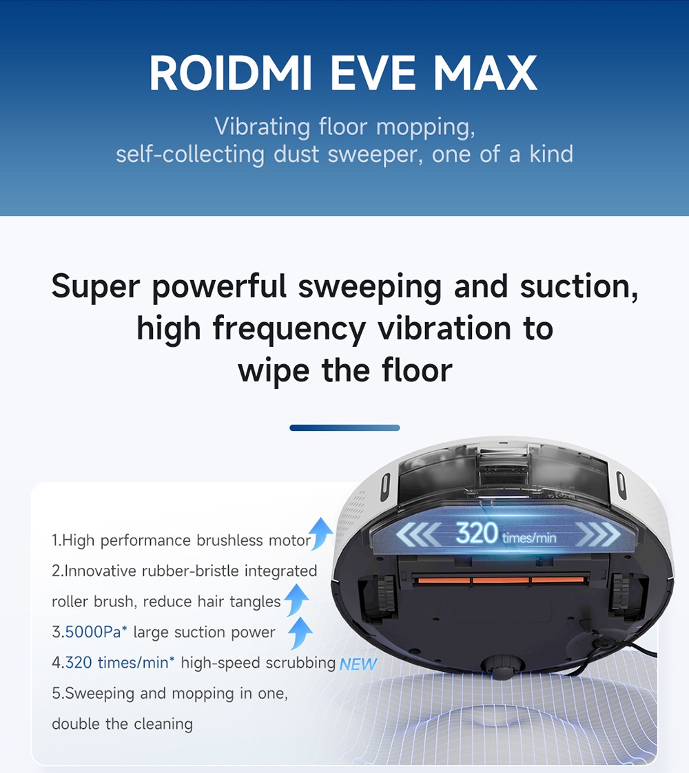 ROIDMI EVE MAX Robot Vacuum and Mop with Self Empty Station, 5000Pa Max Suction, 3L Dust Bag, 250min Max Runtime, LiDAR Navigation, App and Voice Control