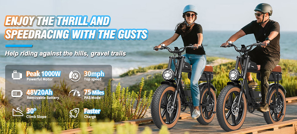 Ridstar CR20 Electric Bike, 1000W Motor, 48V 20Ah Battery, 20*4.0 palcové tukové pneumatiky, max. rýchlosť 48 km/h, max. dojazd 70 km, predné a zadné mechanické kotúčové brzdy, 7-rýchlostná prevodovka Shimano, LCD displej