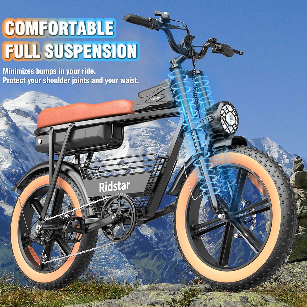 Ridstar CR20 Electric Bike, 1000W Motor, 48V 20Ah Battery, 20*4.0 palcové tukové pneumatiky, max. rýchlosť 48 km/h, max. dojazd 70 km, predné a zadné mechanické kotúčové brzdy, 7-rýchlostná prevodovka Shimano, LCD displej