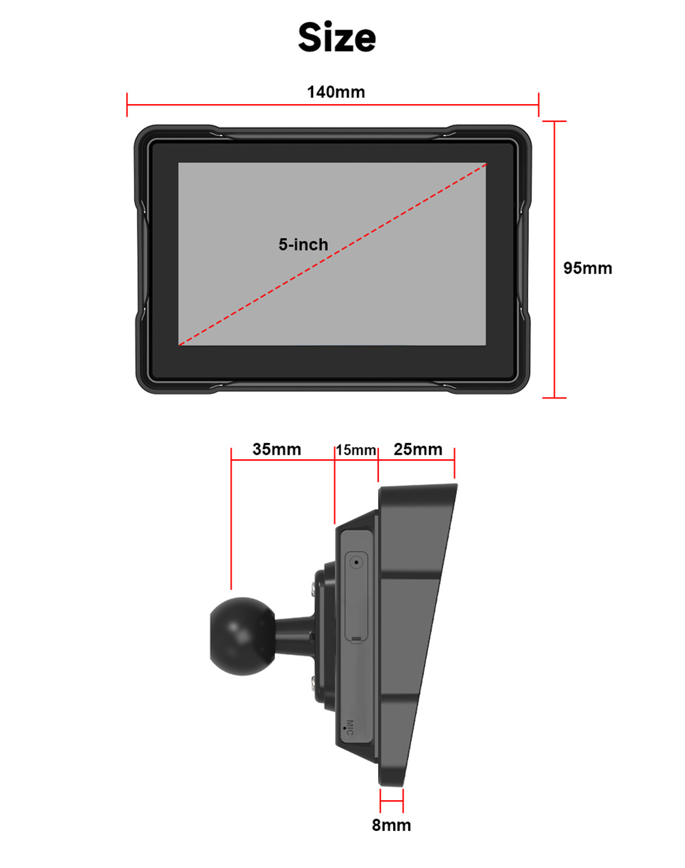 SD5005B 5inch Motorcycle Carplay, 2.5D IPS HD Screen (1024*600), IPX6 Waterproof, Dual Bluetooth 5.0, MirrorLink, for Apple/Android Phones