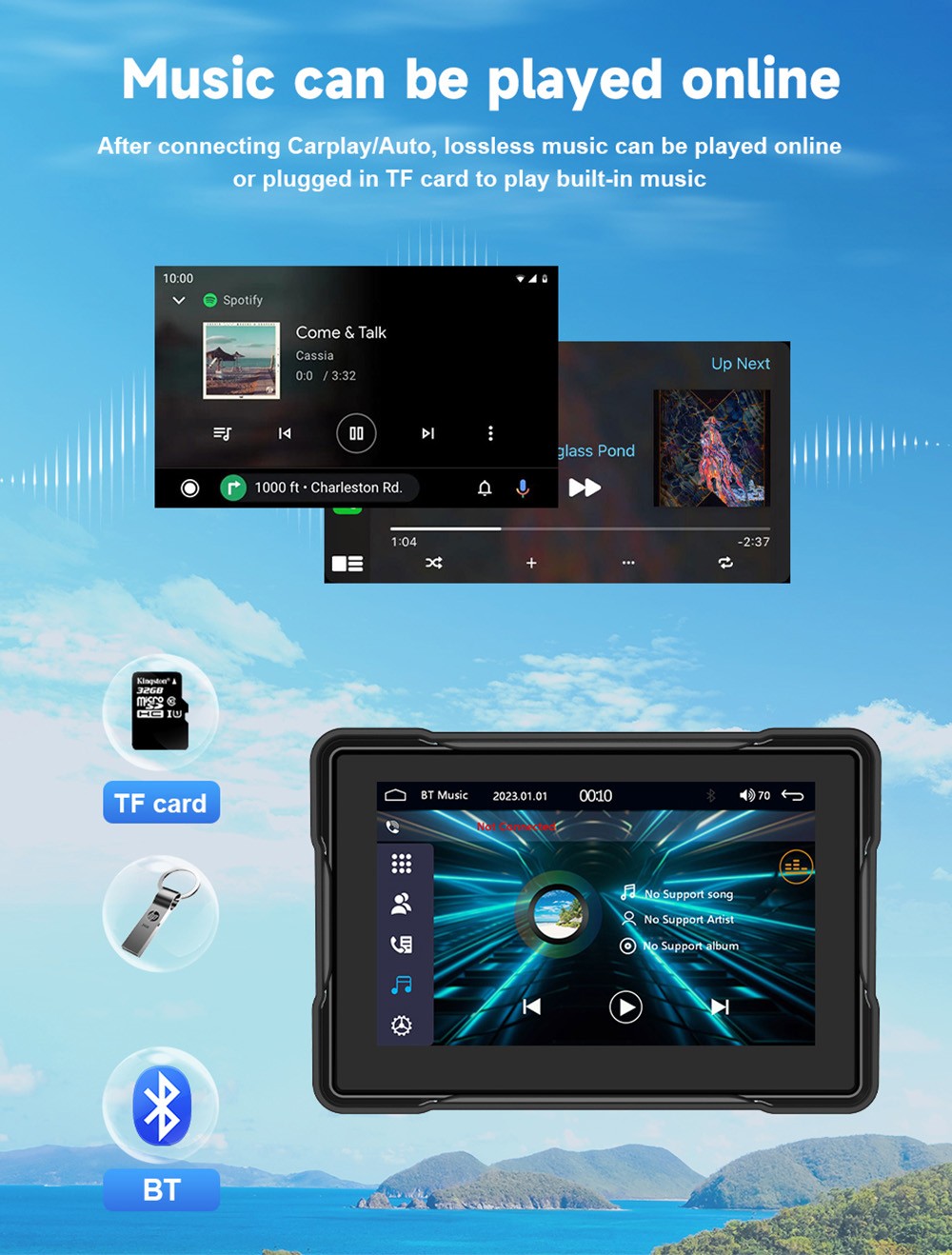 SD5005B 5inch Motorcycle Carplay, 2.5D IPS HD Screen (1024*600), IPX6 Waterproof, Dual Bluetooth 5.0, MirrorLink, for Apple/Android Phones