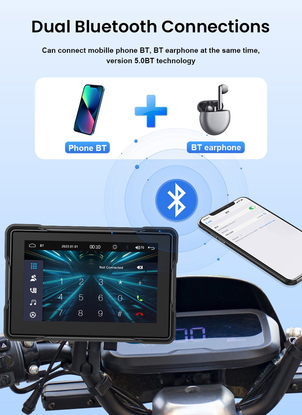 SD5005B 5inch Motorcycle Carplay, 2.5D IPS HD Screen (1024*600), IPX6 Waterproof, Dual Bluetooth 5.0, MirrorLink, for Apple/Android Phones