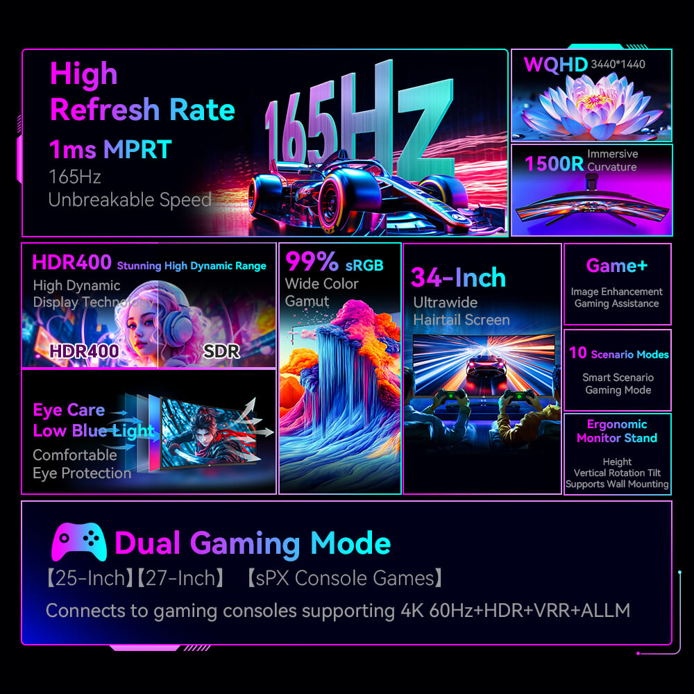 TITAN ARMY C34A1R 1500R Curved Gaming Monitor, 34 inch 3440*1440 VA Panel, 165Hz Refresh Rate, 4000:1 Contrast Ratio, 1ms MPRT, FreeSync & G-Sync, HDR400, Low Blue Light & Flicker Free, Game+ Assist, PIP/PBP Display, Support VESA Mount