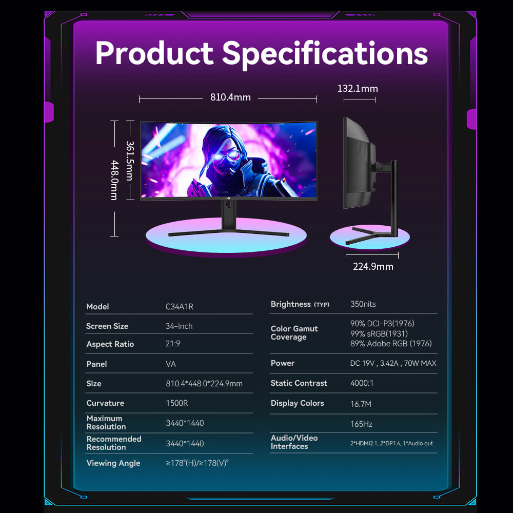 TITAN ARMY C34A1R 1500R Curved Gaming Monitor, 34 inch 3440*1440 VA Panel, 165Hz Refresh Rate, 4000:1 Contrast Ratio, 1ms MPRT, FreeSync & G-Sync, HDR400, Low Blue Light & Flicker Free, Game+ Assist, PIP/PBP Display, Support VESA Mount