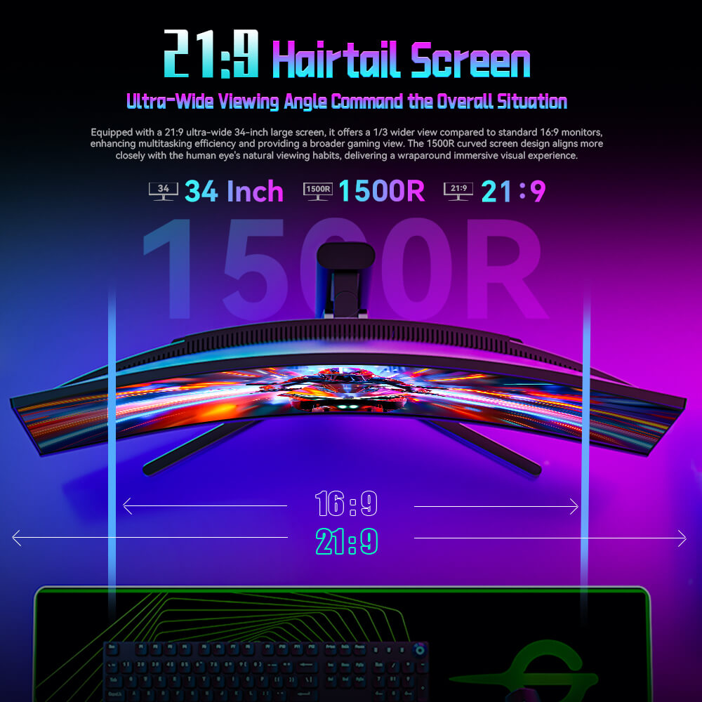 TITAN ARMY C34A1R 1500R Curved Gaming Monitor, 34 inch 3440*1440 VA Panel, 165Hz Refresh Rate, 4000:1 Contrast Ratio, 1ms MPRT, FreeSync & G-Sync, HDR400, Low Blue Light & Flicker Free, Game+ Assist, PIP/PBP Display, Support VESA Mount