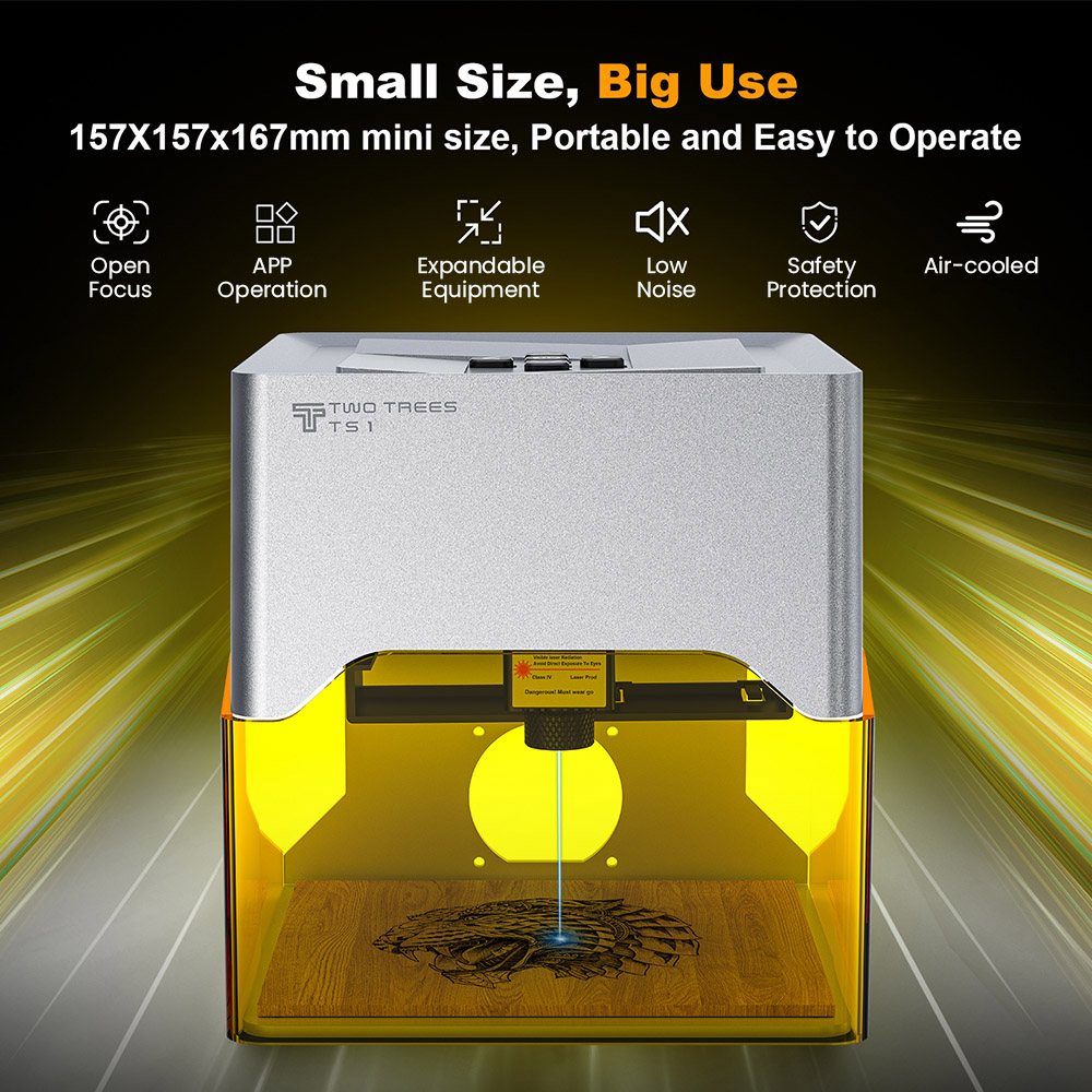 TWO TREES TS1 Mini 3W Laser-Graviergerät, 800 mm/min Geschwindigkeit, 0,01 mm Präzision, unterstützt Objekthöhe 0-35 mm, Lightburn/LaserGRBL, 80×80 mm
