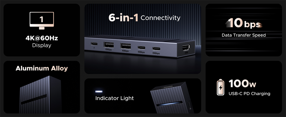 UGREEN Revodok Pro 6-in-1 USB-C Hub Docking Station, 4K@60Hz HDMI, 10Gbps Data Transmission, 100W PD Charging