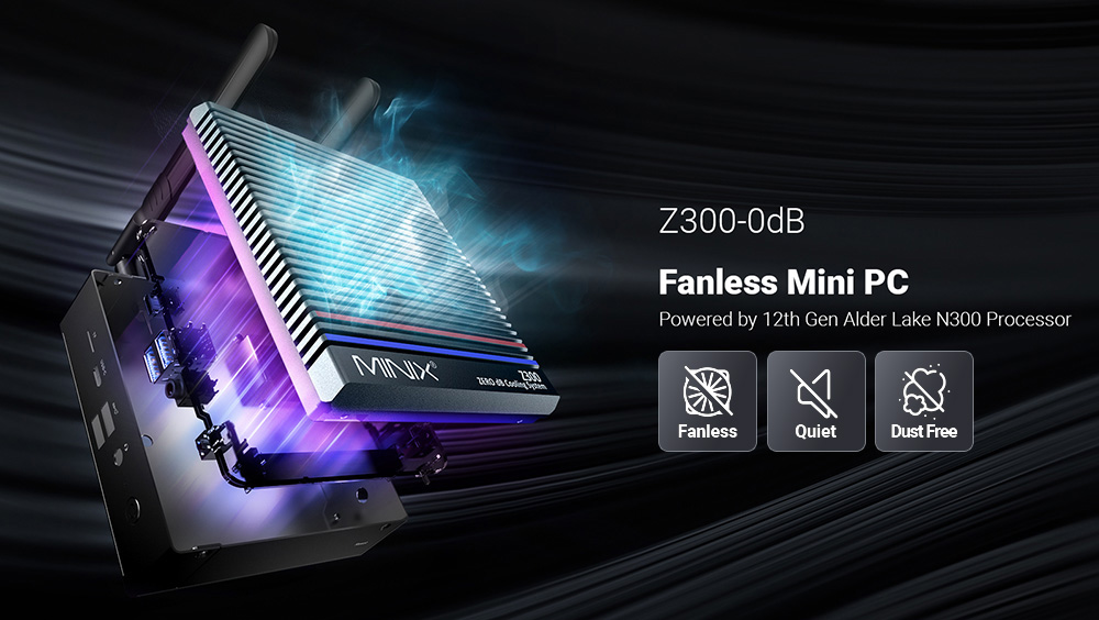 MINIX Z300-0dB Fanless Mini PC, Intel N300 8 Core Max 3.60GHz, 16GB RAM 512GB SSD, 2*HDMI 4K Dual Display, WiFi 6 Bluetooth 5.2, 1*USB-C (iba dáta), 2*USB3.2, 1*RJ45, 1*Audio Jack, 2*Externé antény Wi-Fi