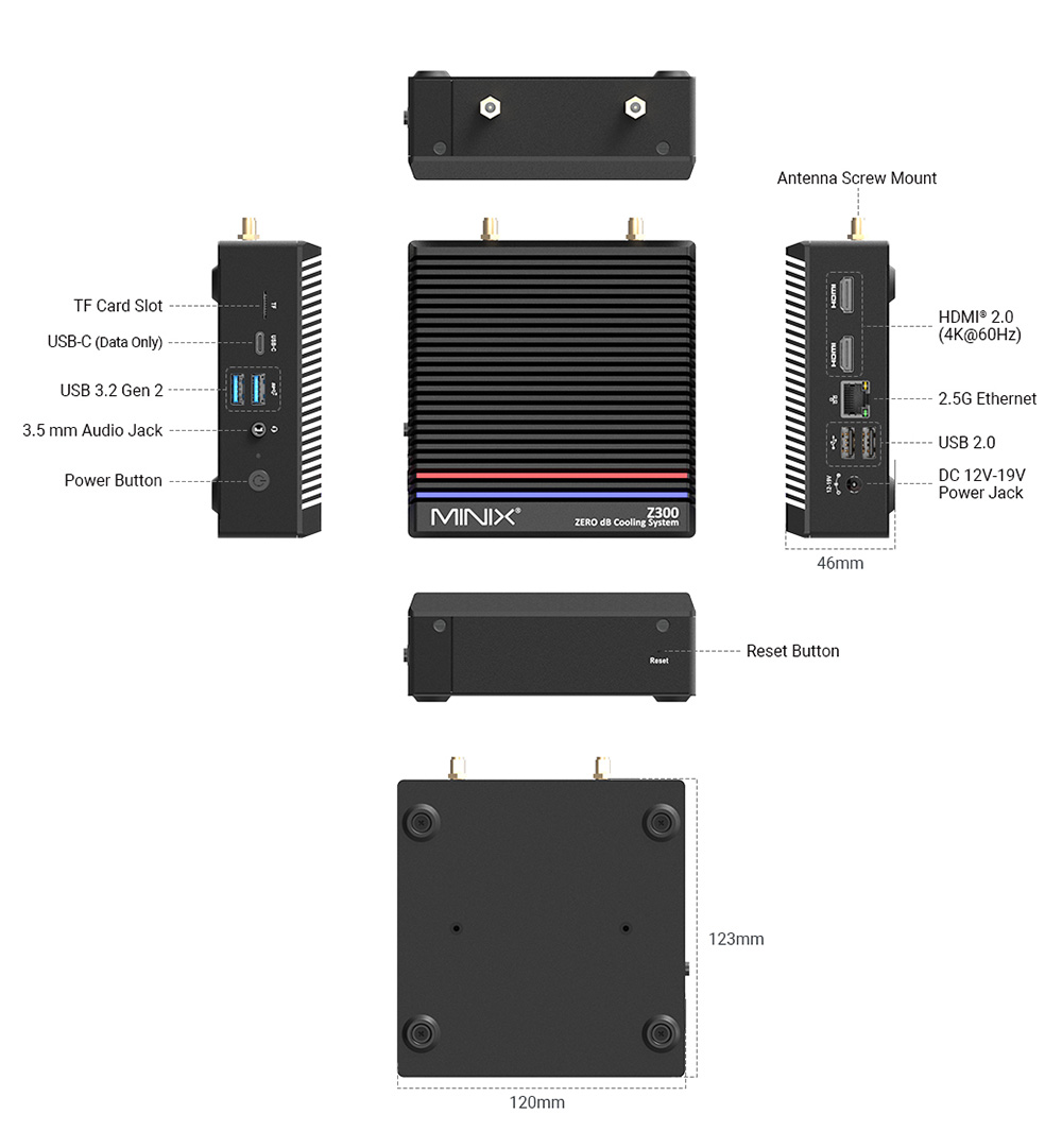 MINIX Z300-0dB Fanless Mini PC, Intel N300 8 Core Max 3.60GHz, 16GB RAM 512GB SSD, 2*HDMI 4K Dual Display, WiFi 6 Bluetooth 5.2, 1*USB-C (iba dáta), 2*USB3.2, 1*RJ45, 1*Audio Jack, 2*Externé antény Wi-Fi