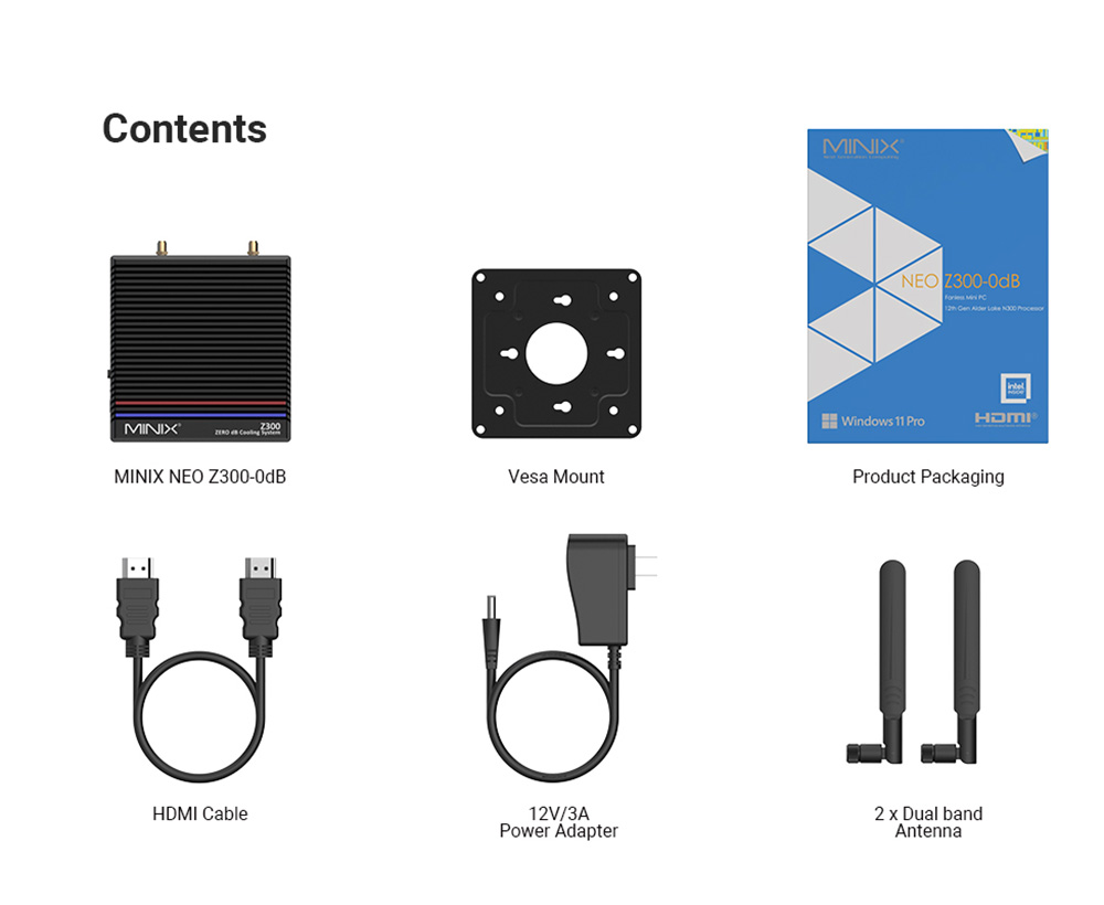MINIX Z300-0dB Fanless Mini PC, Intel N300 8 Core Max 3.60GHz, 16GB RAM 512GB SSD, 2*HDMI 4K Dual Display, WiFi 6 Bluetooth 5.2, 1*USB-C (iba dáta), 2*USB3.2, 1*RJ45, 1*Audio Jack, 2*Externé Wi-Fi antény
